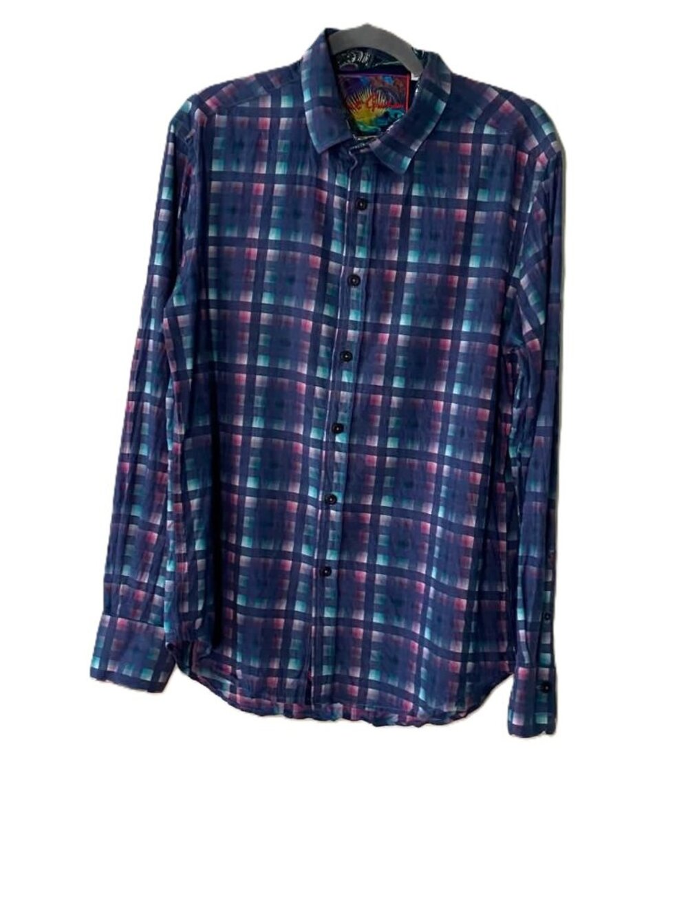 Robert Graham Men's Large Plaid Shirt Classic Fit 100% Cotton Blue Purple Teal